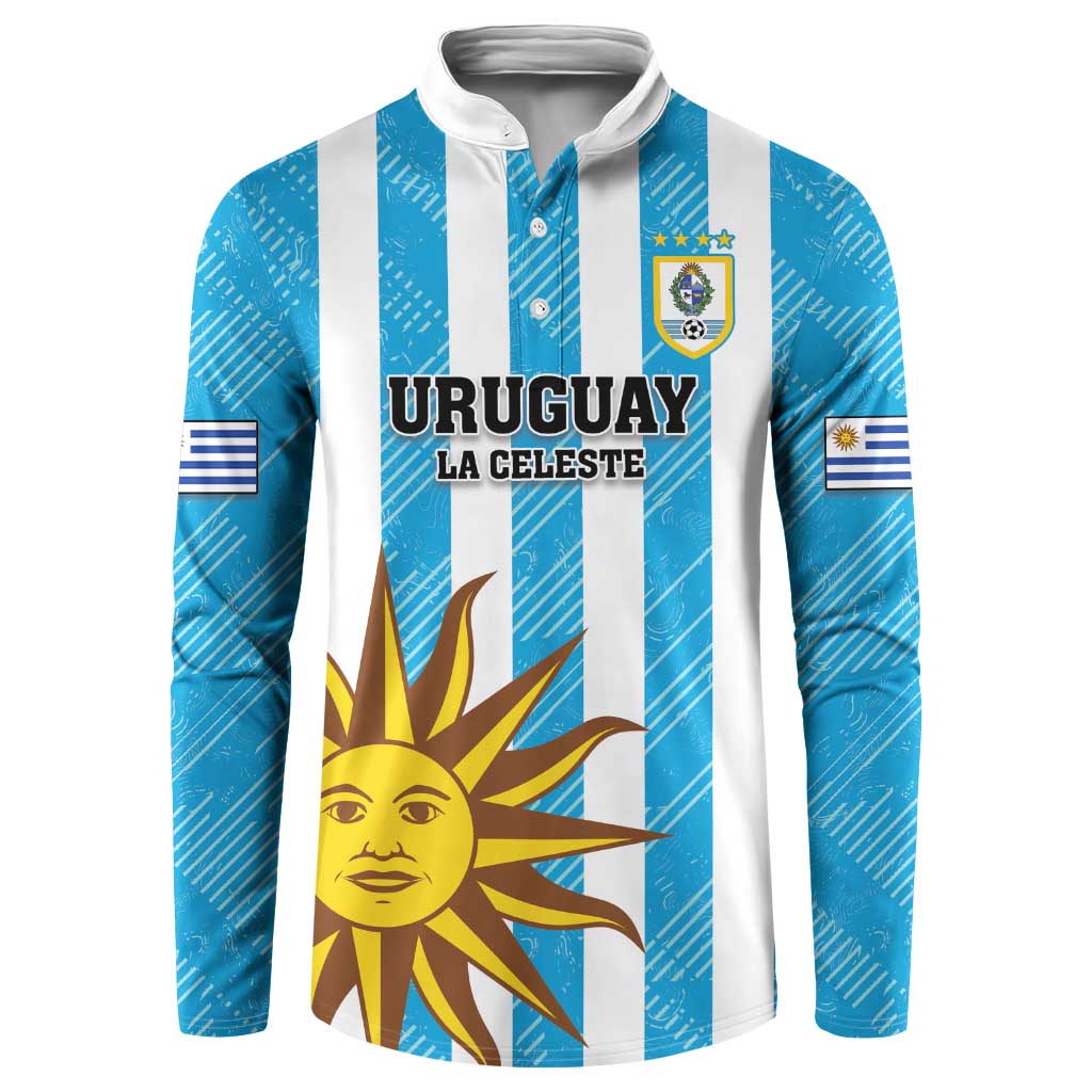 Blue and white striped Uruguay football button sweatshirt with crest, sun front print