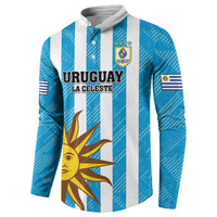 Blue and white striped football sweatshirt with crest, sun front print and flag sleeve