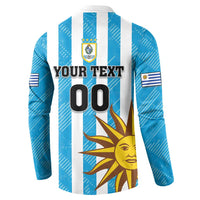 Blue and white striped football sweatshirt back with custom text, number 00, sun graphic