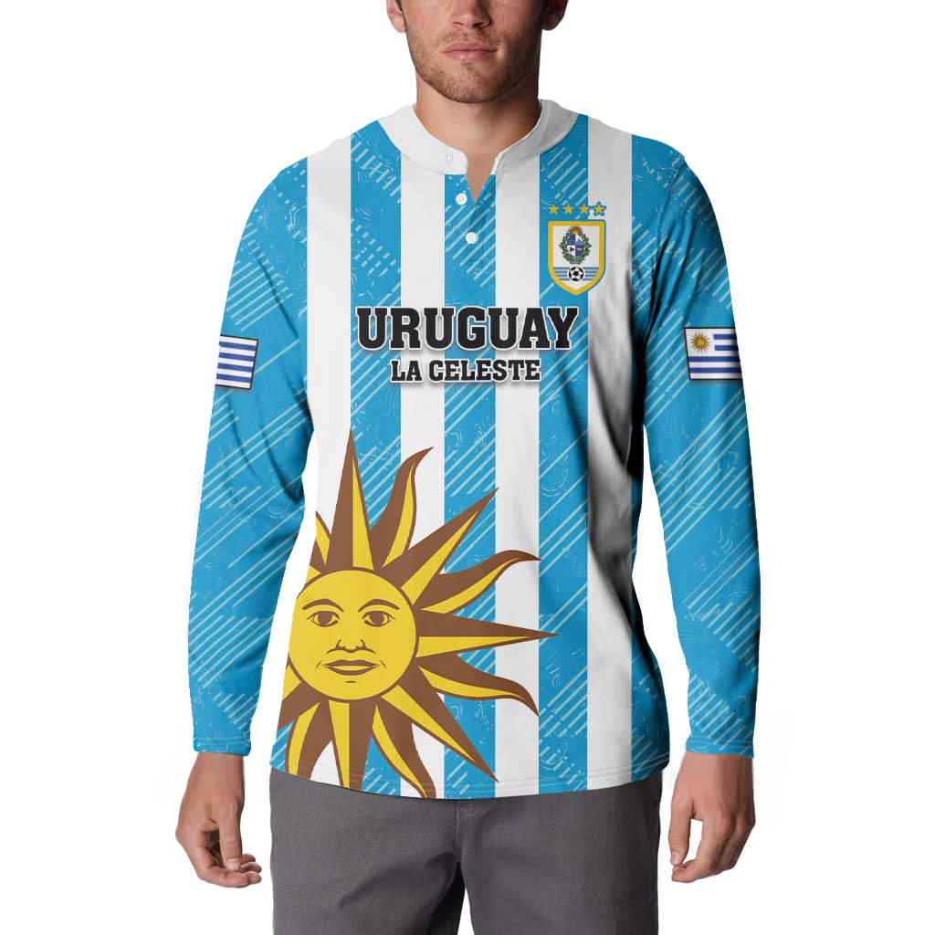 Blue and white striped Uruguay football button sweatshirt with crest and sun graphic