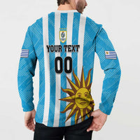 Blue and white striped football sweatshirt back with custom text and large sun graphic