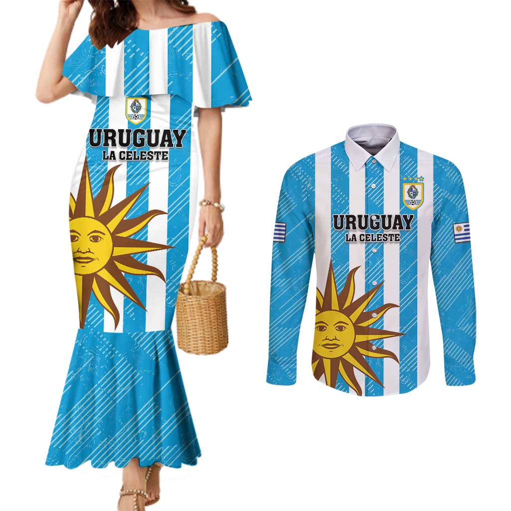 Custom Uruguay Football Couples Matching Mermaid Dress and Long Sleeve Button Shirt Sol De May