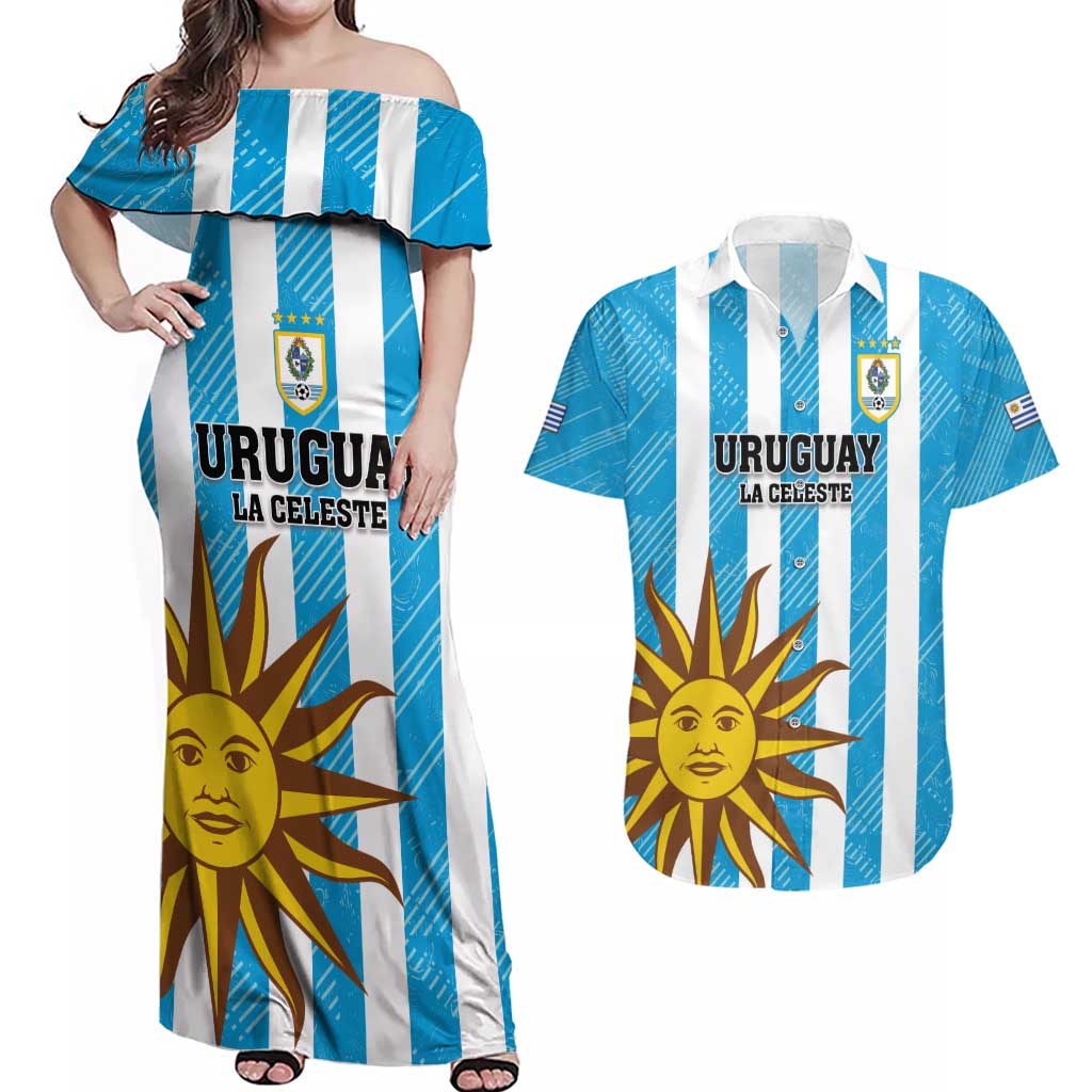 Custom Uruguay Football Couples Matching Off Shoulder Maxi Dress and Hawaiian Shirt Sol De May - Wonder Print Shop