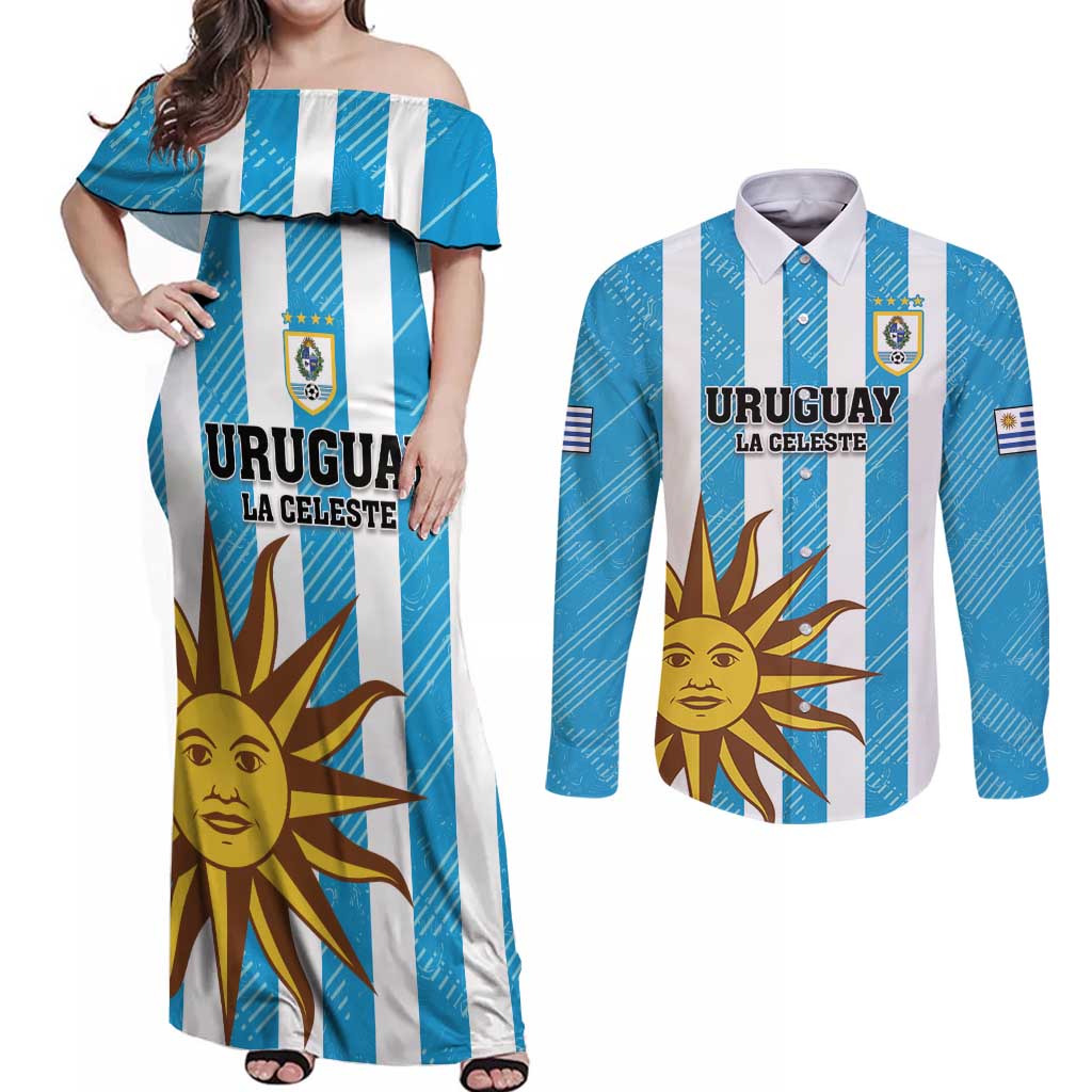 Custom Uruguay Football Couples Matching Off Shoulder Maxi Dress and Long Sleeve Button Shirt Sol De May - Wonder Print Shop