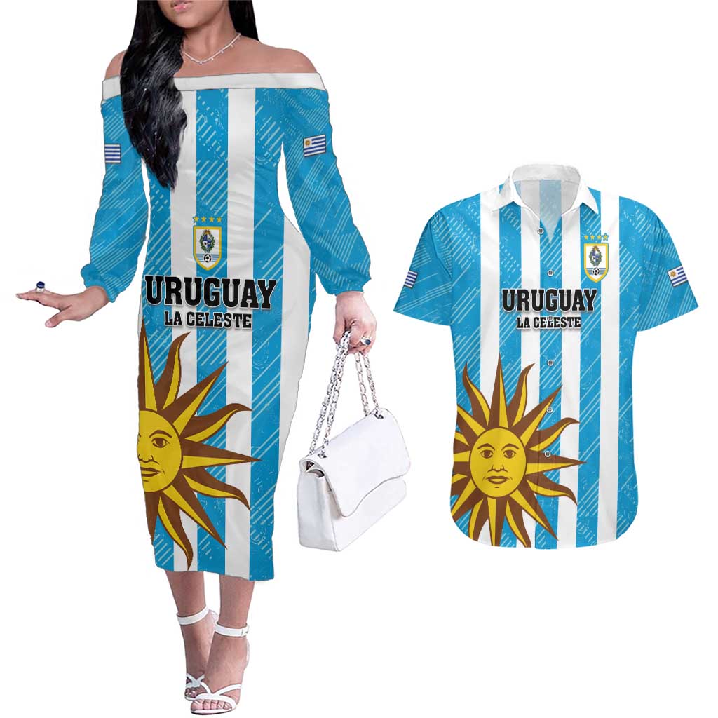 Custom Uruguay Football Couples Matching Off The Shoulder Long Sleeve Dress and Hawaiian Shirt Sol De May - Wonder Print Shop