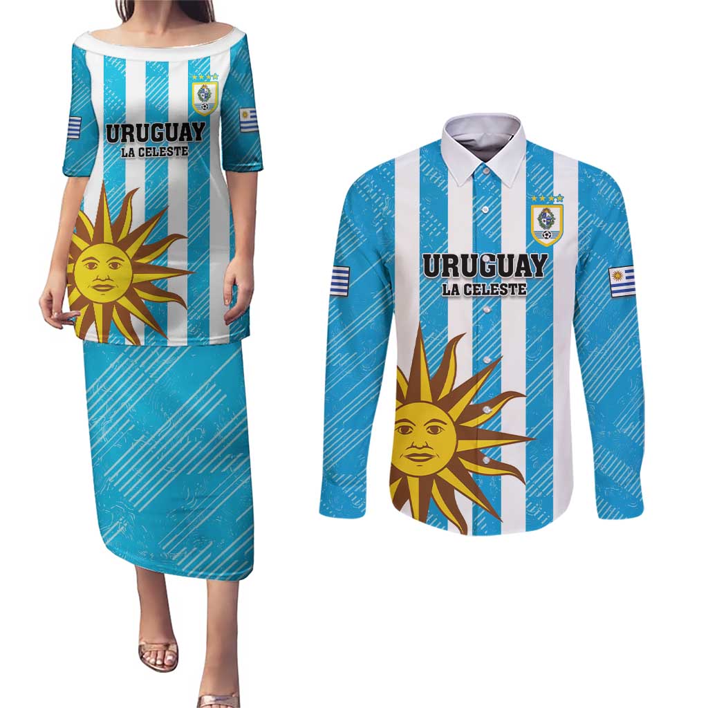 Custom Uruguay Football Couples Matching Puletasi and Long Sleeve Button Shirt Sol De May - Wonder Print Shop