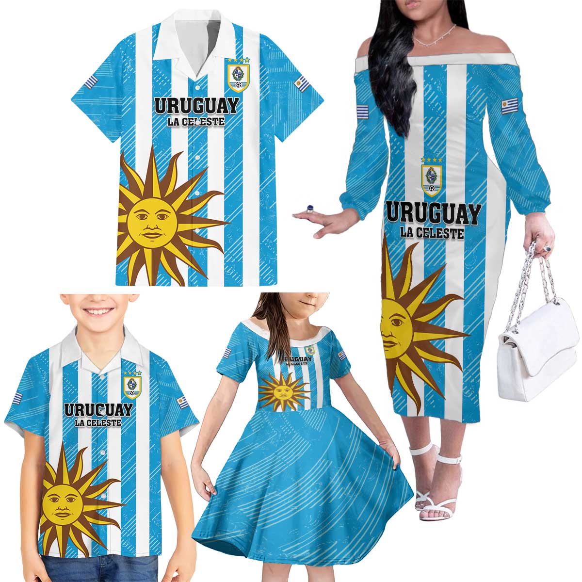 Custom Uruguay Football Family Matching Off The Shoulder Long Sleeve Dress and Hawaiian Shirt Sol De May - Wonder Print Shop