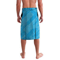Blue football-style lavalava with diagonal pattern and sewn hem, back view