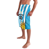 Blue football-style lavalava with sun face print and number 00, side view