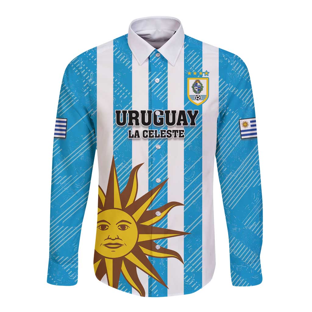 Unisex blue and white striped football button shirt, long sleeves, URUGUAY text, crest & sun