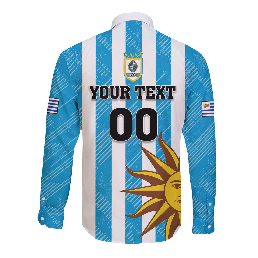 Unisex blue and white striped football button shirt, long sleeves, crest and sun graphic