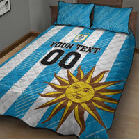 Blue and white striped quilt bed set with large sun emblem and YOUR TEXT 00 design