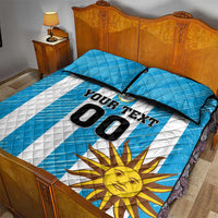 Blue and white striped quilt bed set with bold sun graphic and YOUR TEXT 00, plus pillows