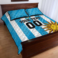 Blue and white striped quilt bed set with YOUR TEXT 00 and sun emblem, with two pillows