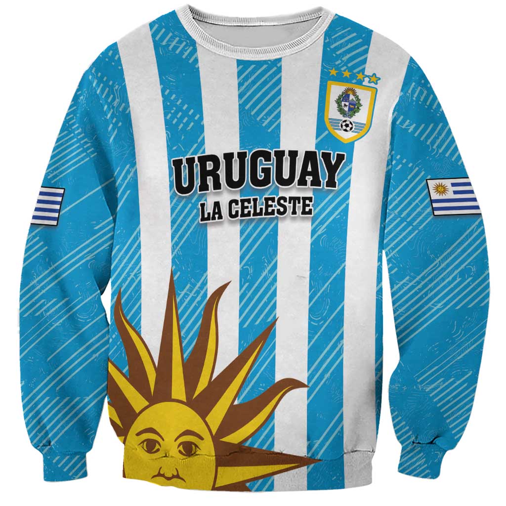 Unisex Uruguay football sweatshirt, blue/white stripes with crest, URUGUAY la celeste text
