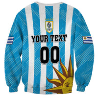 Unisex Uruguay football sweatshirt, blue/white stripes with crest, YOUR TEXT and 00 number
