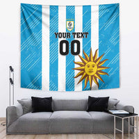 Blue and white striped wall tapestry showing crest, sun symbol, and “YOUR TEXT 00” text
