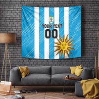 Blue and white striped wall tapestry with crest, large sun graphic, and “YOUR TEXT 00”