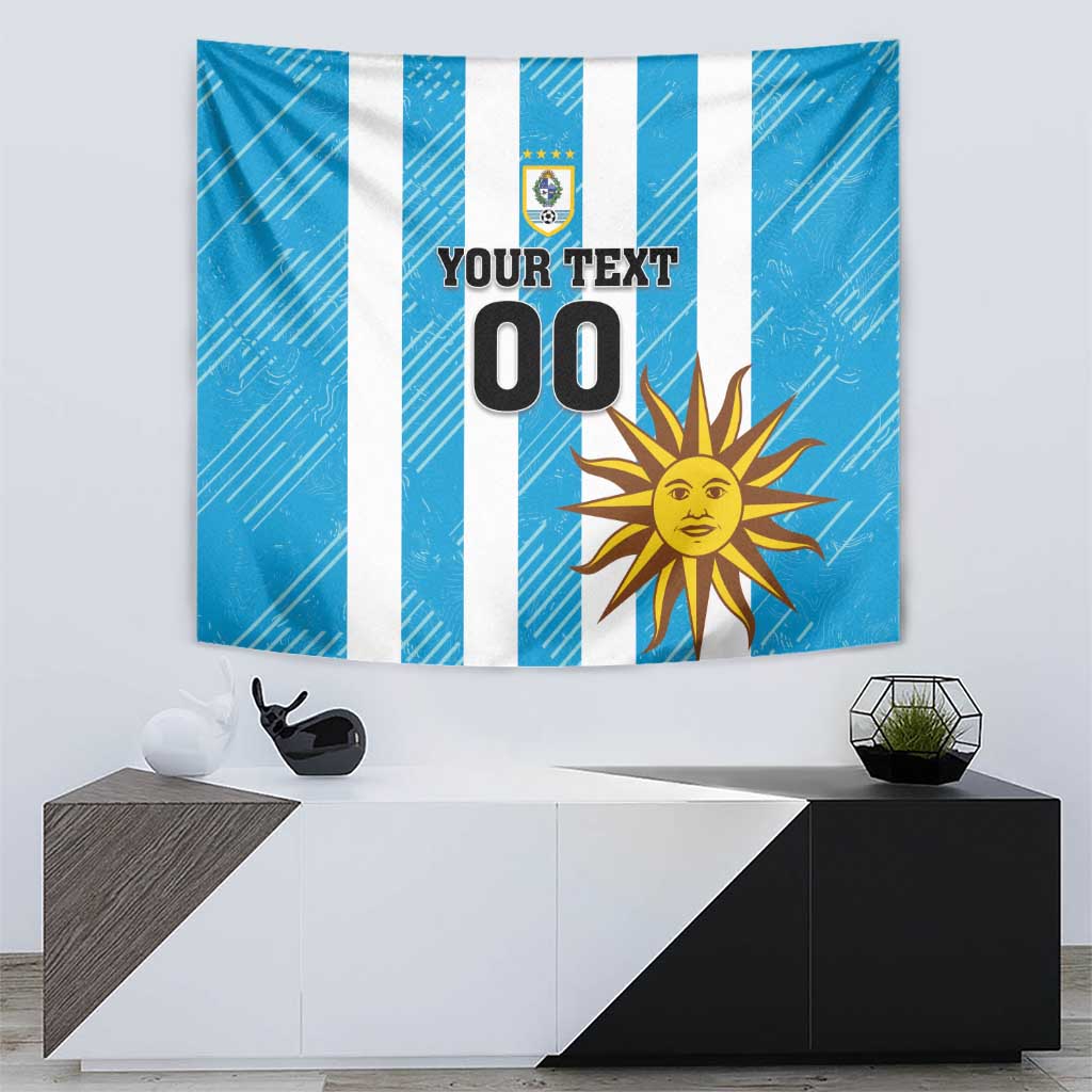 Blue football-themed wall tapestry with white stripes, crest, sun graphic, and “YOUR TEXT 00”