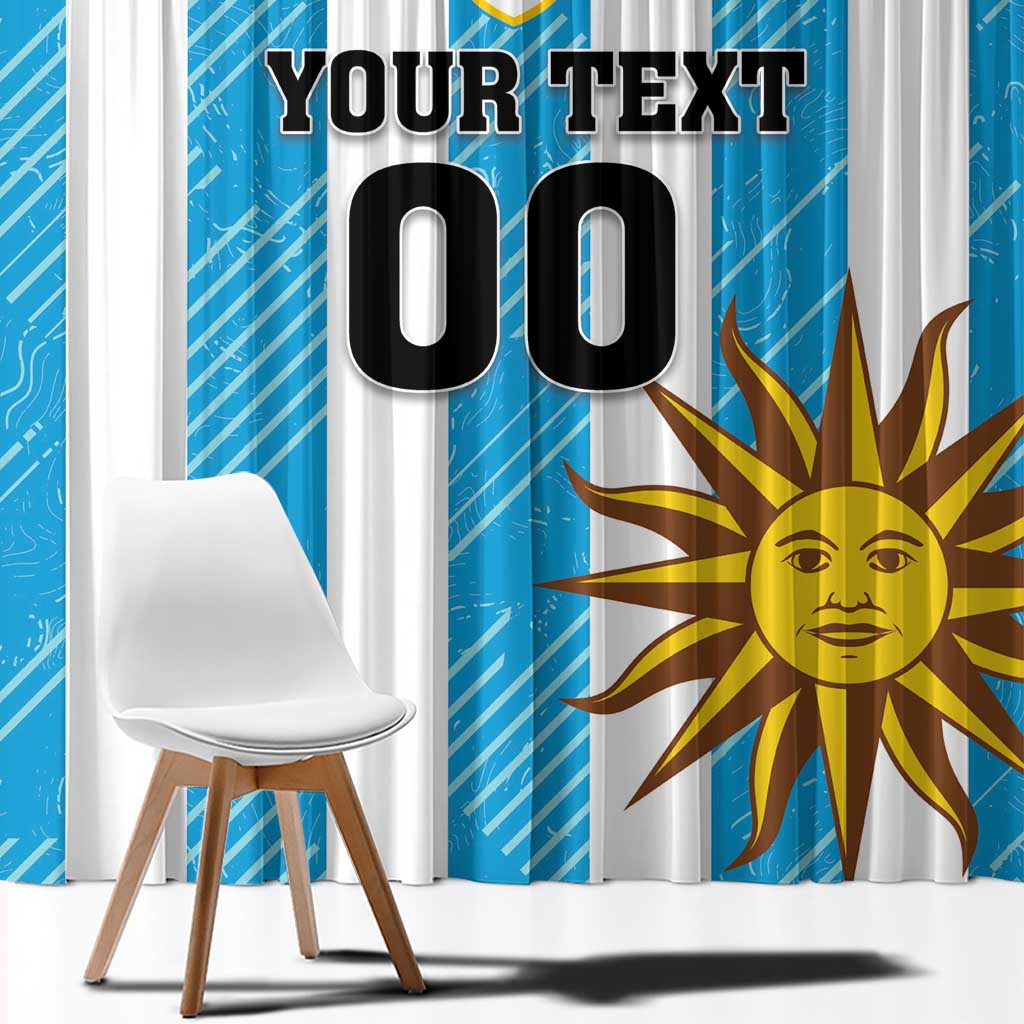 Blue and white football window curtain with large sun and bold graphic