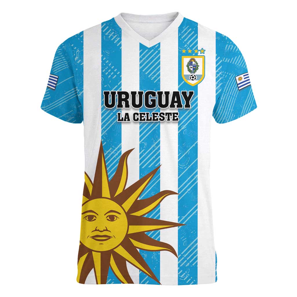 Custom Uruguay Football Women V-Neck T-Shirt Sol De May - Wonder Print Shop