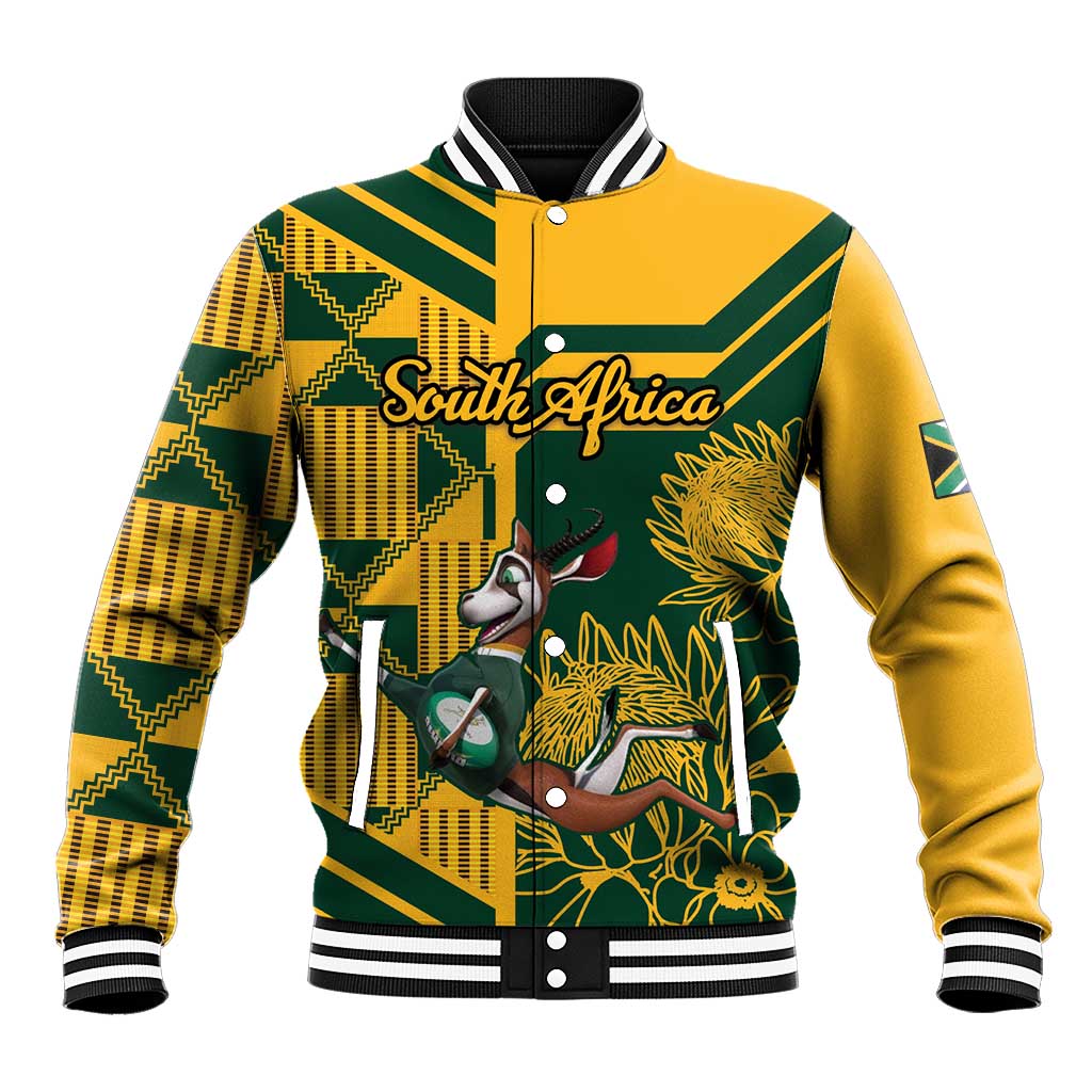 Unisex yellow and green varsity baseball jacket with South Africa front graphic and ribbed trim