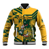 Unisex yellow and green varsity baseball jacket with South Africa front graphic and ribbed trim