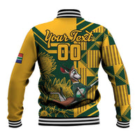 Unisex yellow and green baseball jacket with striped collar and full back number graphic