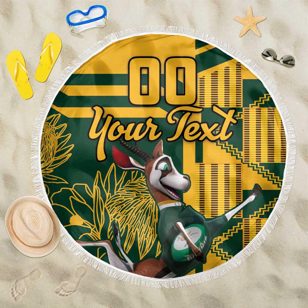 Fringed round beach blanket: green/yellow springbok graphic with “Your Text”