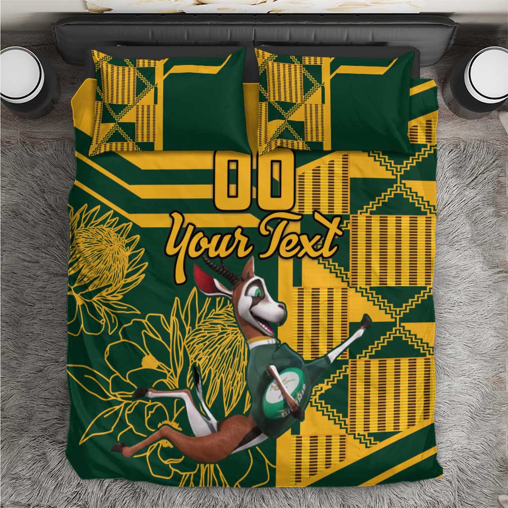 Green and yellow bedding set with bird-and-floral design, two matching pillows