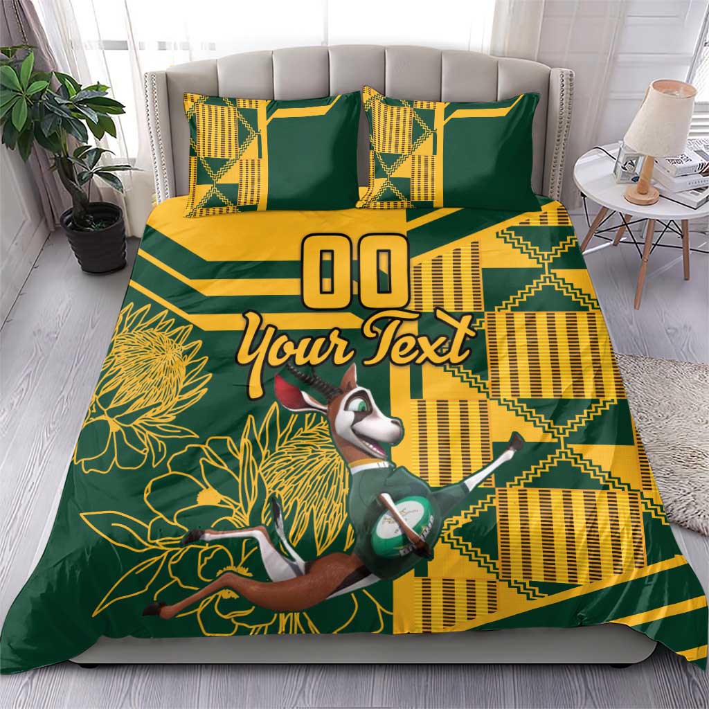Green and yellow bedding set with personalized text and bird-and-floral motif, two pillows