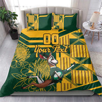 Green and yellow bedding set with personalized text and bird-and-floral motif, two pillows