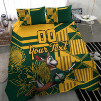 Green and yellow bedding set with personalized text and bird-and-floral print, two pillows