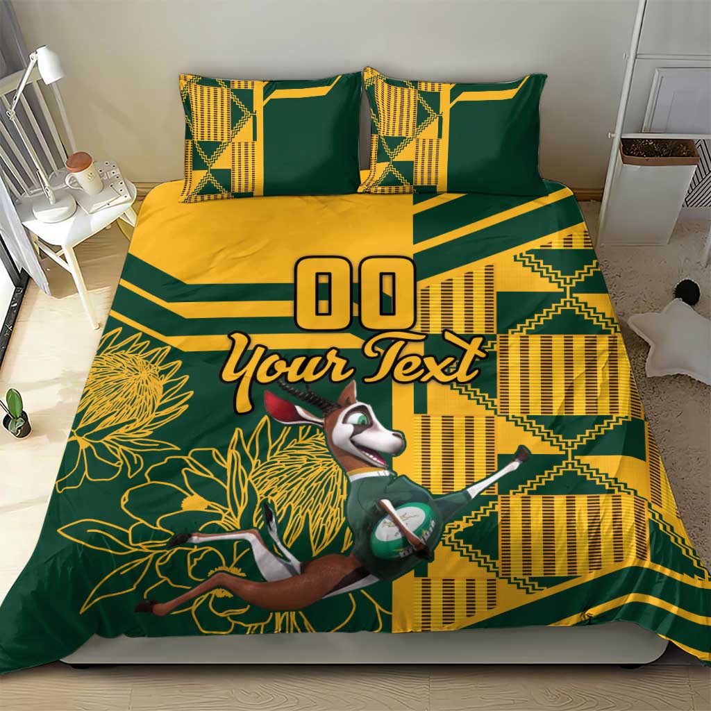 Green and yellow bedding set with two pillows, personalized text and bird-and-floral motif