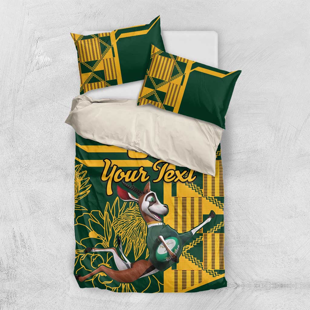 Green and yellow bedding set with bird-and-floral print and personalized text, two pillows
