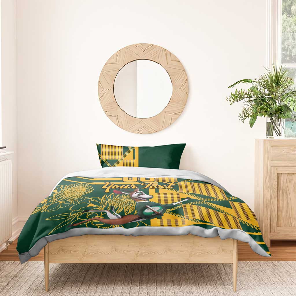 Green and yellow bedding set with bird-and-floral print and personalized text, two pillows