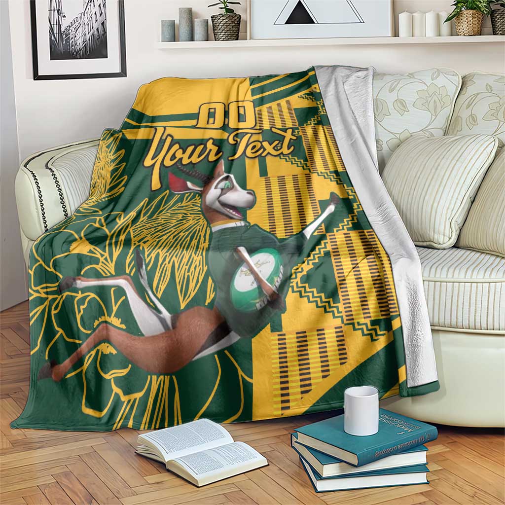 Custom South Africa rugby blanket in yellow and dark green with bird graphic and bold text