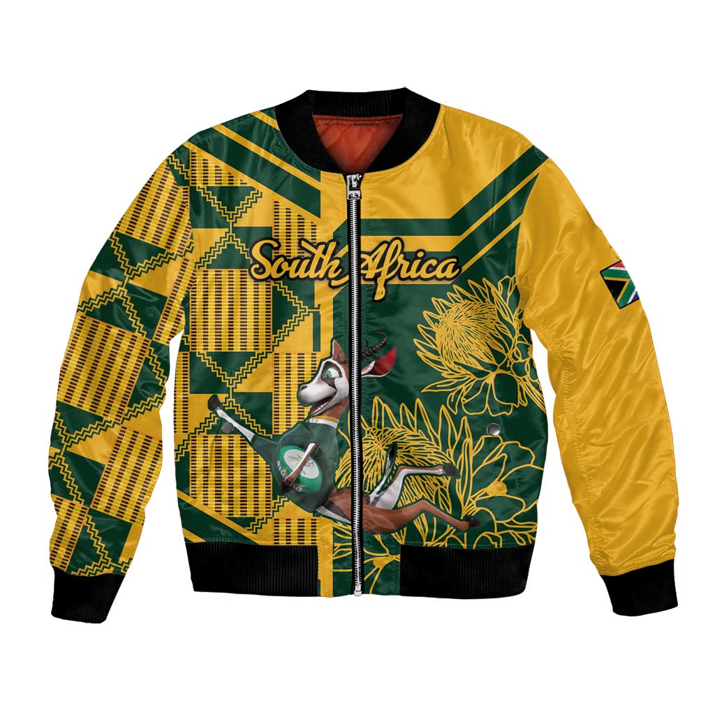 Unisex yellow and green rugby bomber jacket, front zipper, protea graphic
