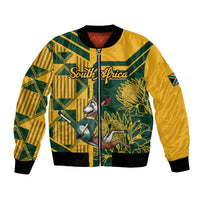Unisex yellow and green rugby bomber jacket, front zipper, protea graphic