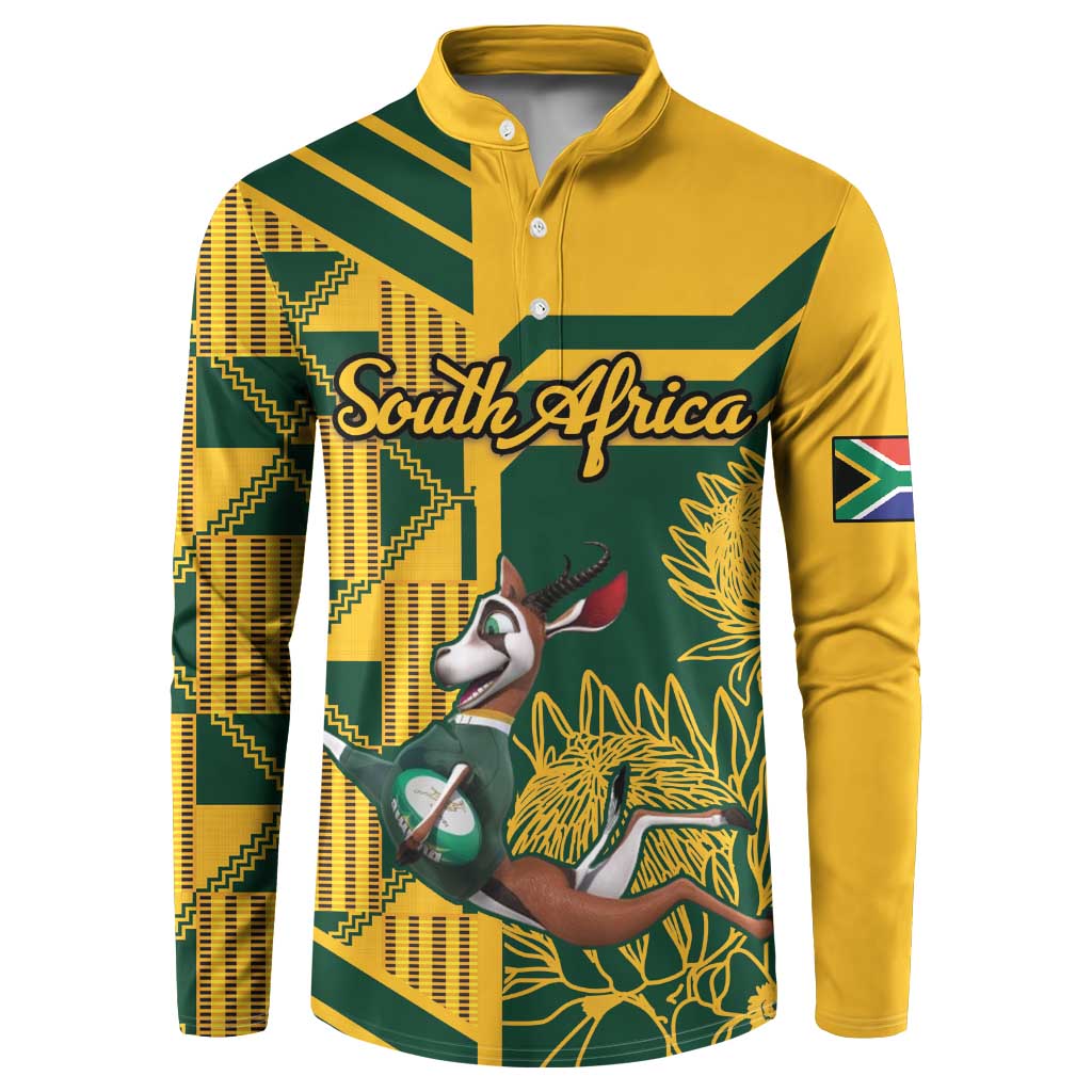 Yellow and green button sweatshirt with polo collar and South Africa script front graphic