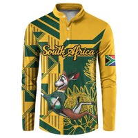 Yellow and green button sweatshirt with polo collar and South Africa script front graphic