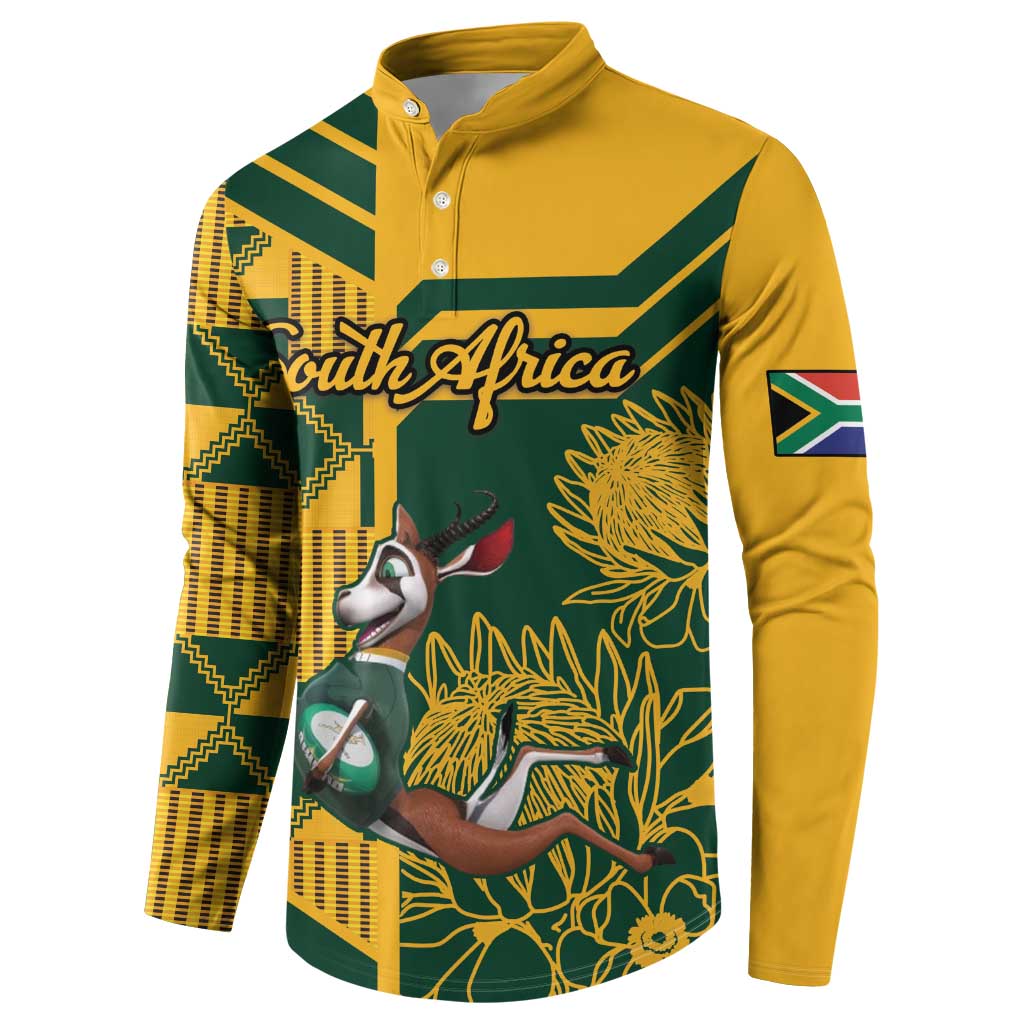 Yellow and green button sweatshirt with polo collar, South Africa graphic and animal print