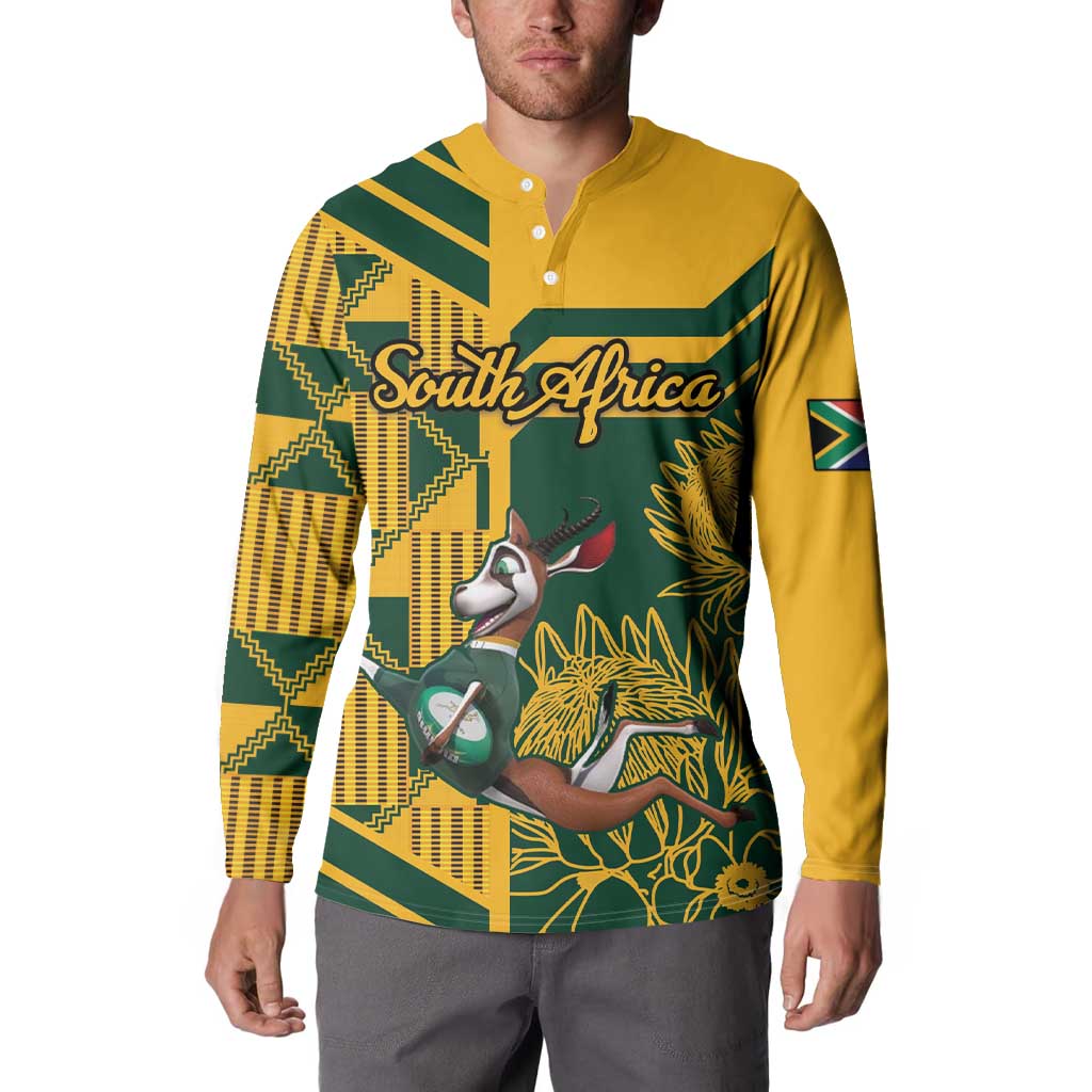 Yellow and green button sweatshirt with polo collar, South Africa graphic and safari scene print