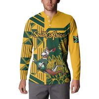 Yellow and green button sweatshirt with polo collar, South Africa graphic and safari scene print