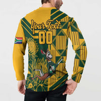 Yellow and green button sweatshirt with polo collar, 'Your Text 00' back graphic