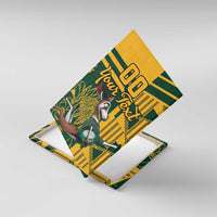 Unframed rugby canvas with yellow-green design, mascot, and 'Your Text'.