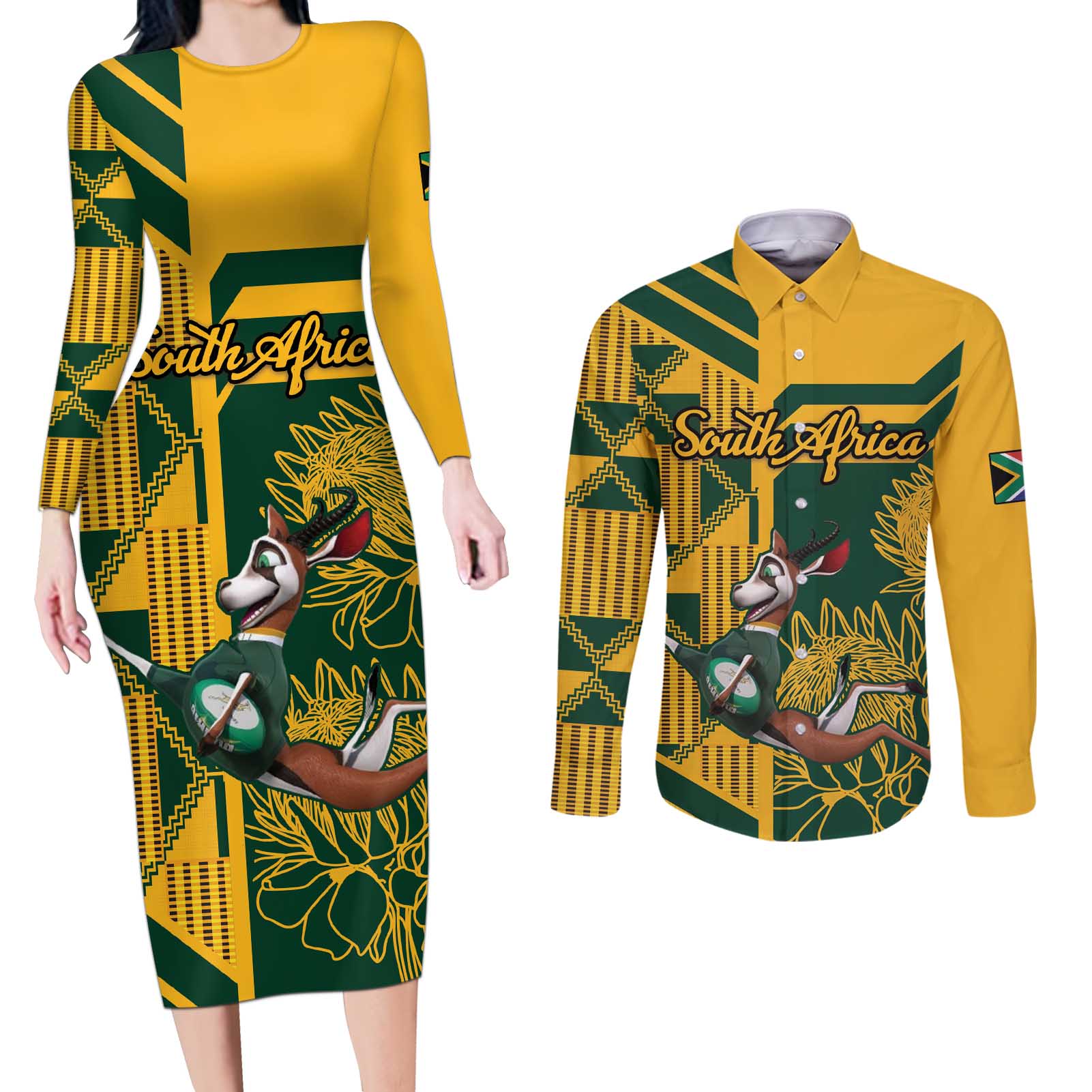 Custom South Africa Rugby Couples Matching Long Sleeve Bodycon Dress and Long Sleeve Button Shirt Springboks With Protea Cynaroides - Wonder Print Shop