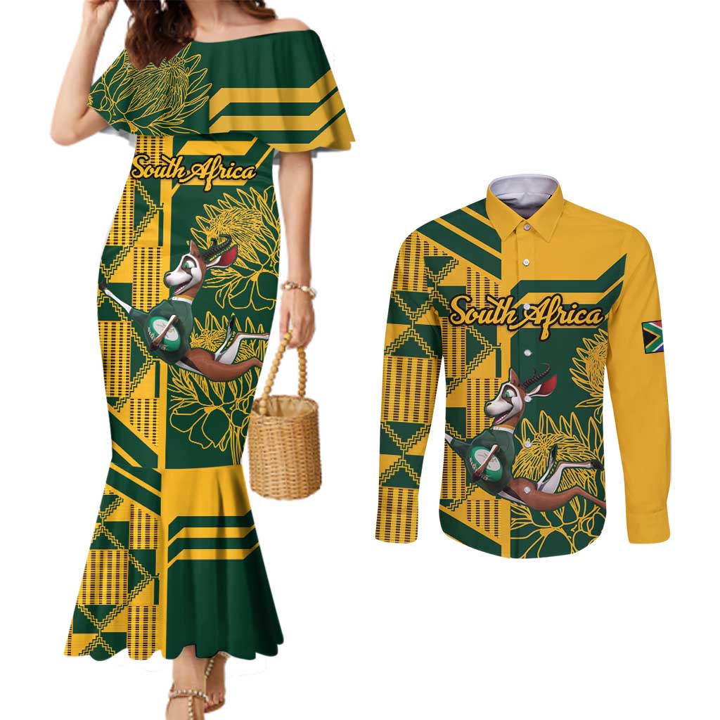 Custom South Africa Rugby Couples Matching Mermaid Dress and Long Sleeve Button Shirt Springboks With Protea Cynaroides