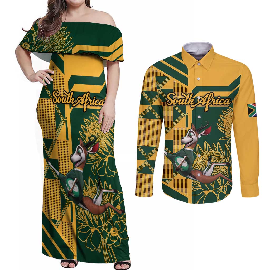 Custom South Africa Rugby Couples Matching Off Shoulder Maxi Dress and Long Sleeve Button Shirt Springboks With Protea Cynaroides - Wonder Print Shop