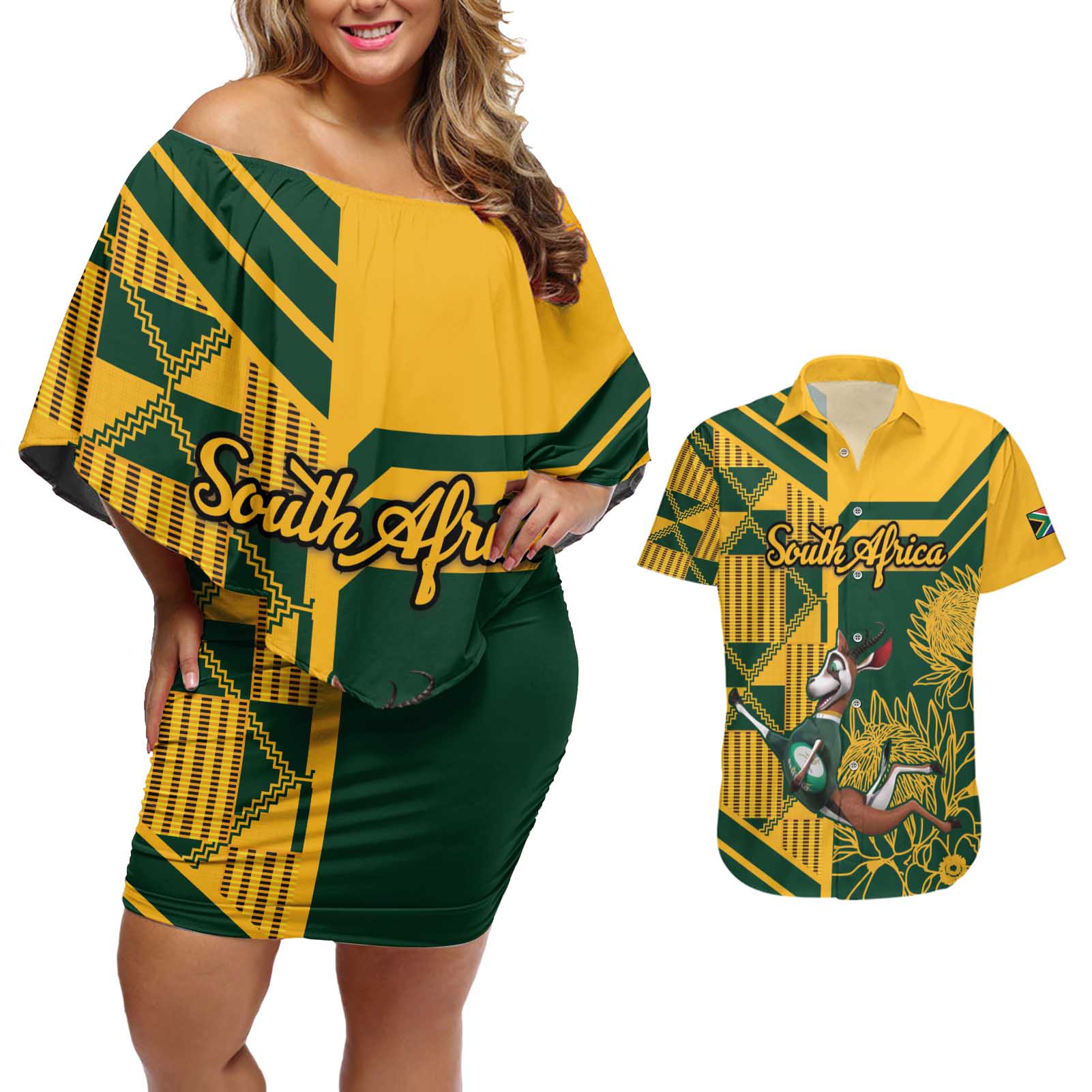 Custom South Africa Rugby Couples Matching Off Shoulder Short Dress and Hawaiian Shirt Springboks With Protea Cynaroides - Wonder Print Shop